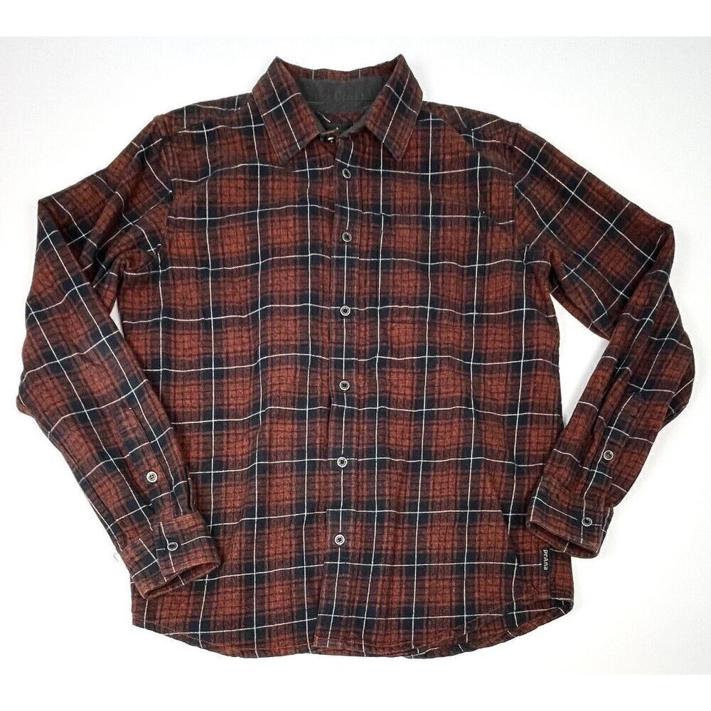 PRANA Mens SMALL Rust/Navy Plaid L/S Button-Up Organic Cotton FLANNEL SHIRT EUC